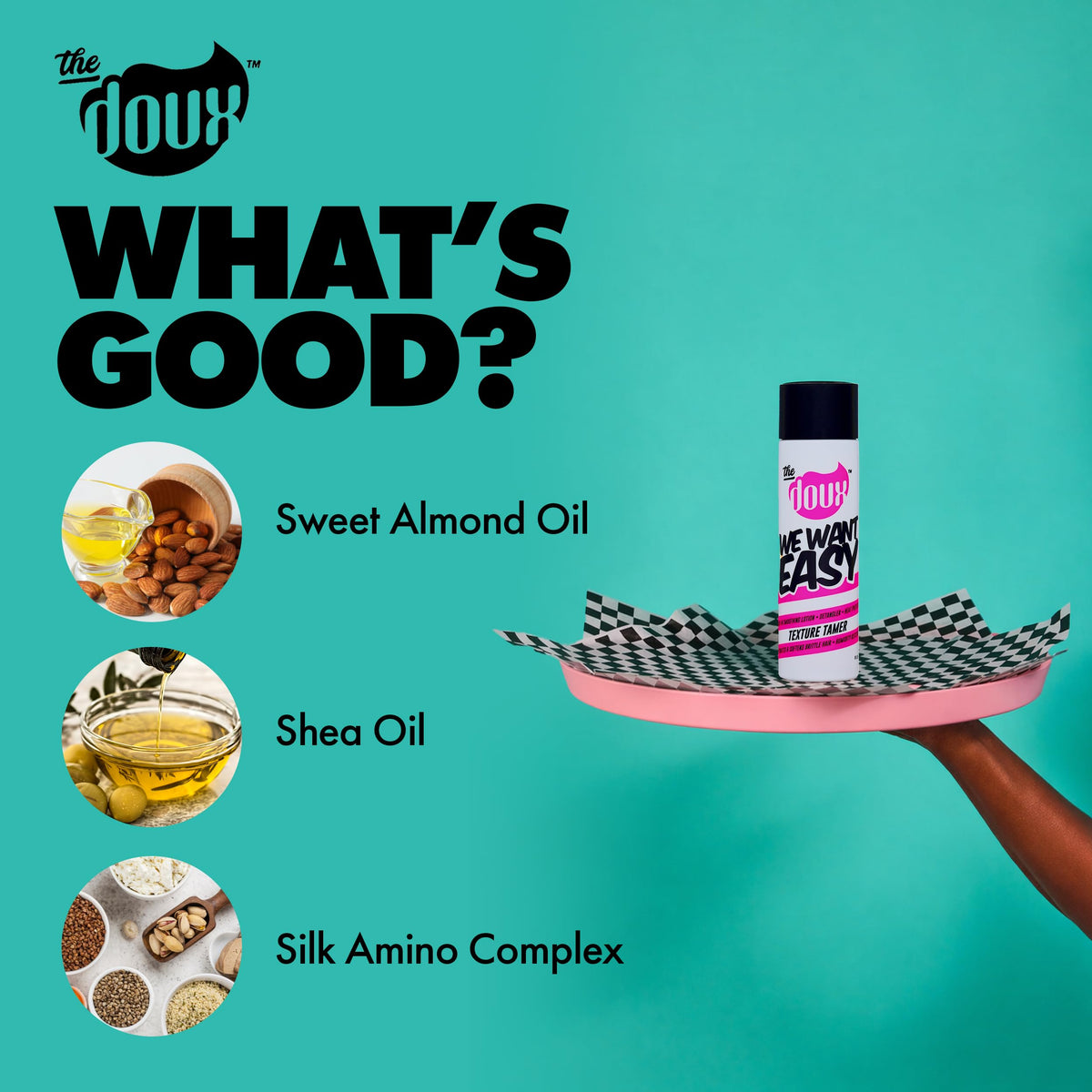 The Doux WE WANT EASY Texture Tamer packaging highlights the product