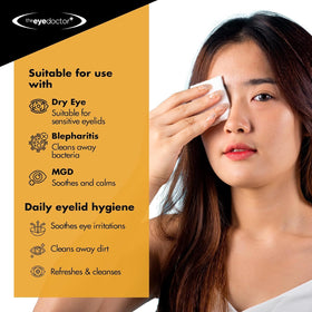 The Eye Doctor 80-count box inside view highlights bulk daily cleansing.