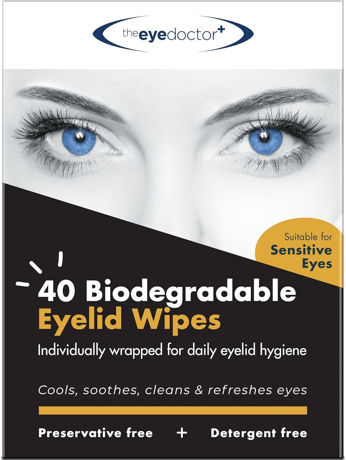 The Eye Doctor biodegradable eyelid wipes box front showing gentle lid cleansing.