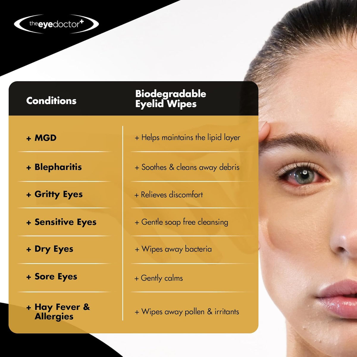 The Eye Doctor sensitive-eye formula label indicates gentle, irritation-friendly design.