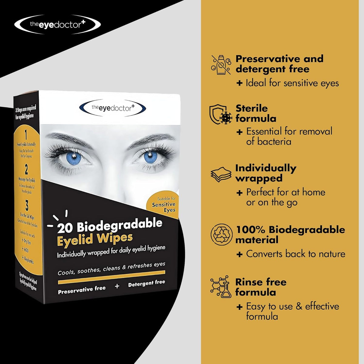 The Eye Doctor single-use wipes packets close-up for convenient daily care.