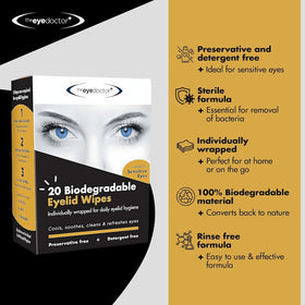The Eye Doctor single-use wipes packets close-up for convenient daily care.