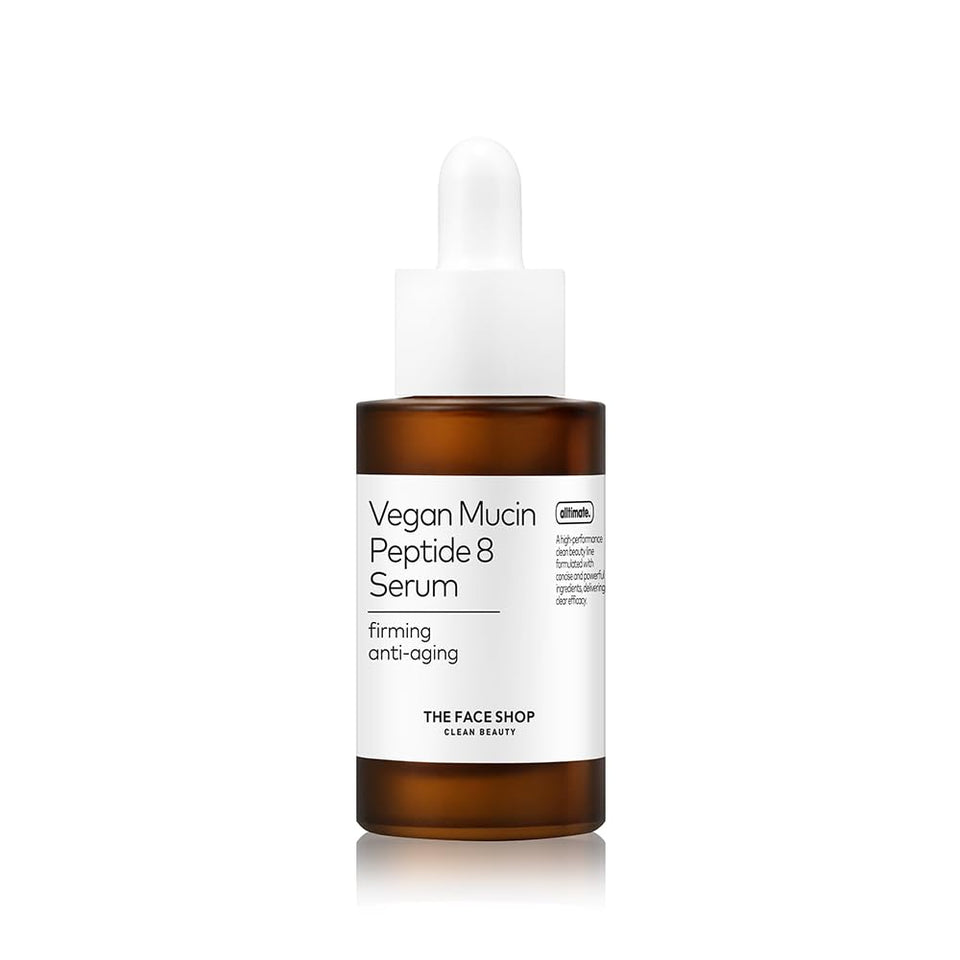 The Face Shop 8 Peptide Serum bottle shows vegan mucin hydration for all skin types.