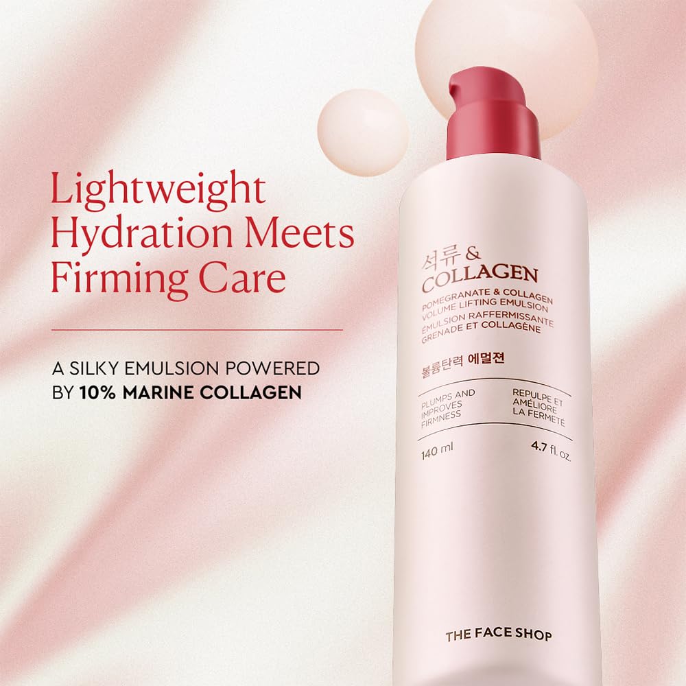 The Face Shop Pomegranate Collagen Emulsion dispenser in action for smooth absorption.