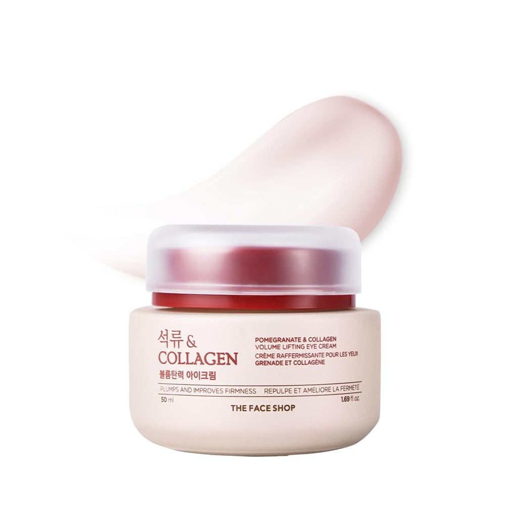 The Face Shop Pomegranate Collagen Eye Cream bottle shows lightweight hydration for the eyes.