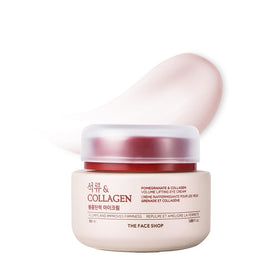 The Face Shop Pomegranate Collagen Eye Cream bottle shows lightweight hydration for the eyes.
