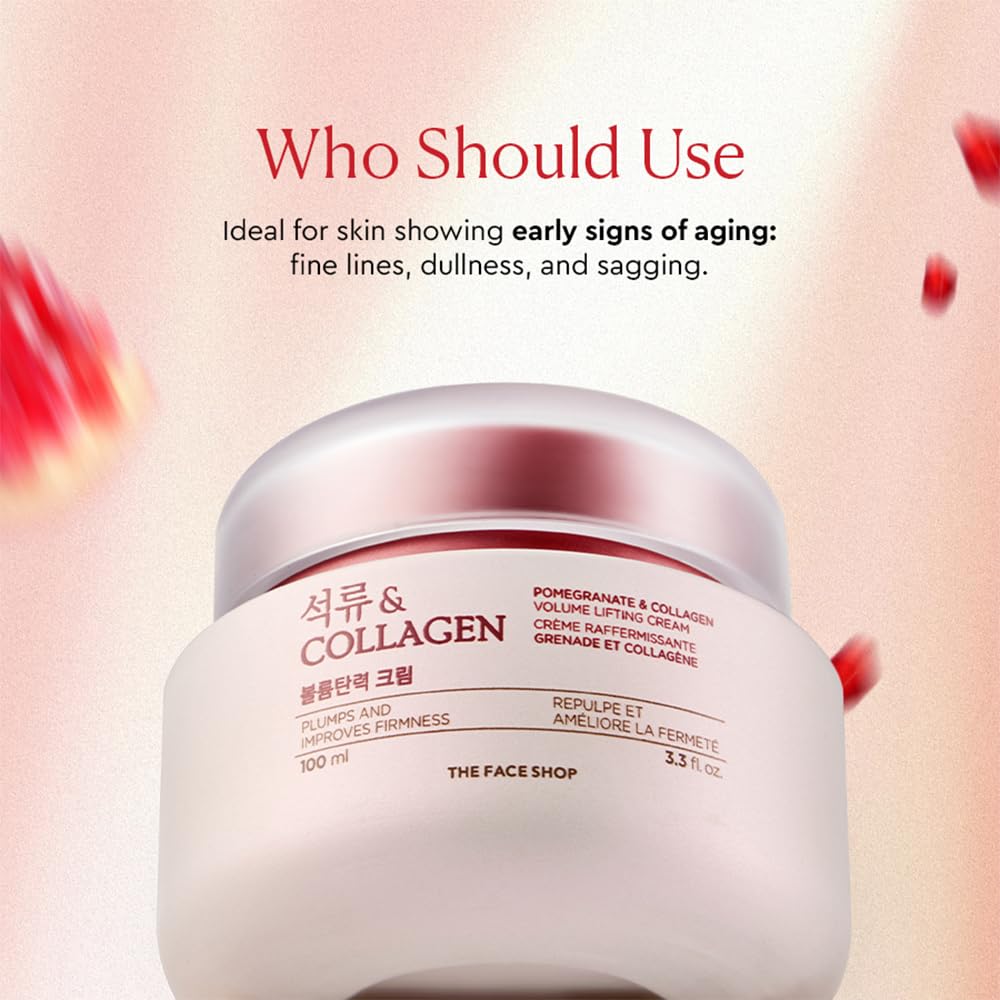 The Face Shop Pomegranate & Collagen Eye Cream collagen graphic hints at plumping benefits.