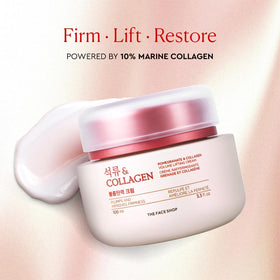 The Face Shop Pomegranate & Collagen Eye Cream jar close-up reveals a rich creamy texture.