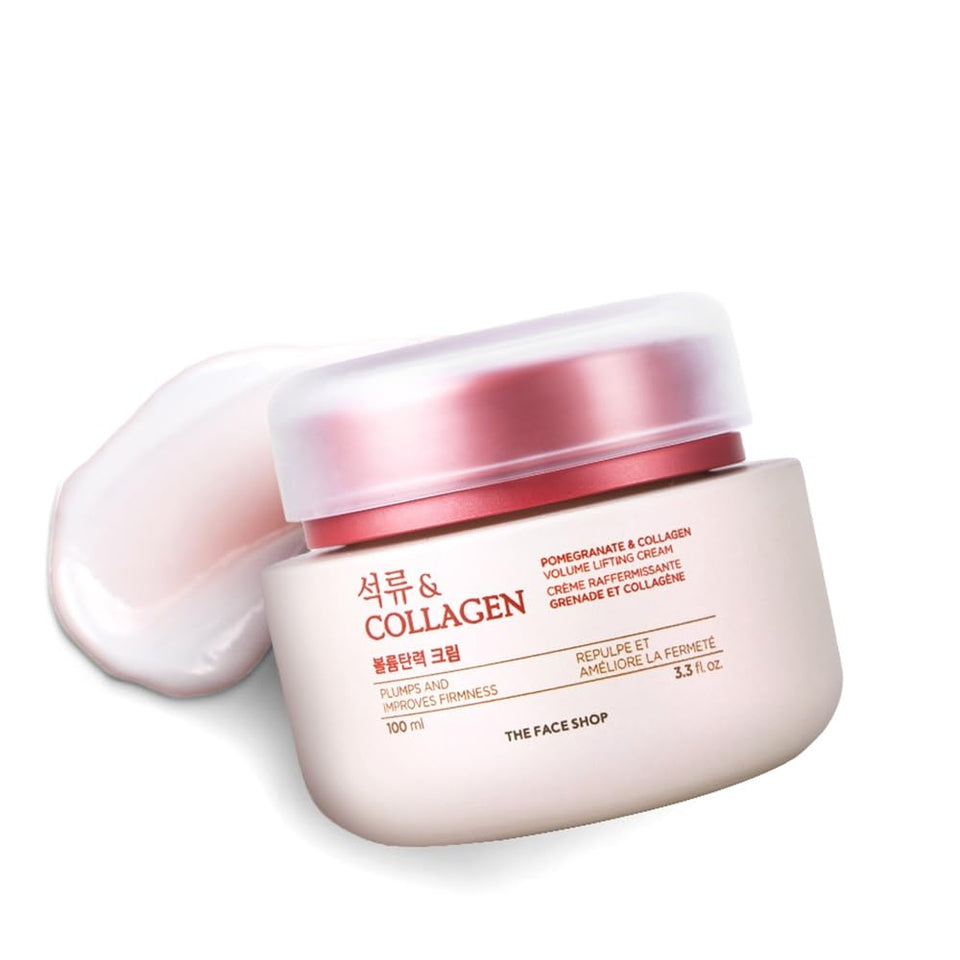 The Face Shop Pomegranate & Collagen Eye Cream packaging emphasizes premium hydration.