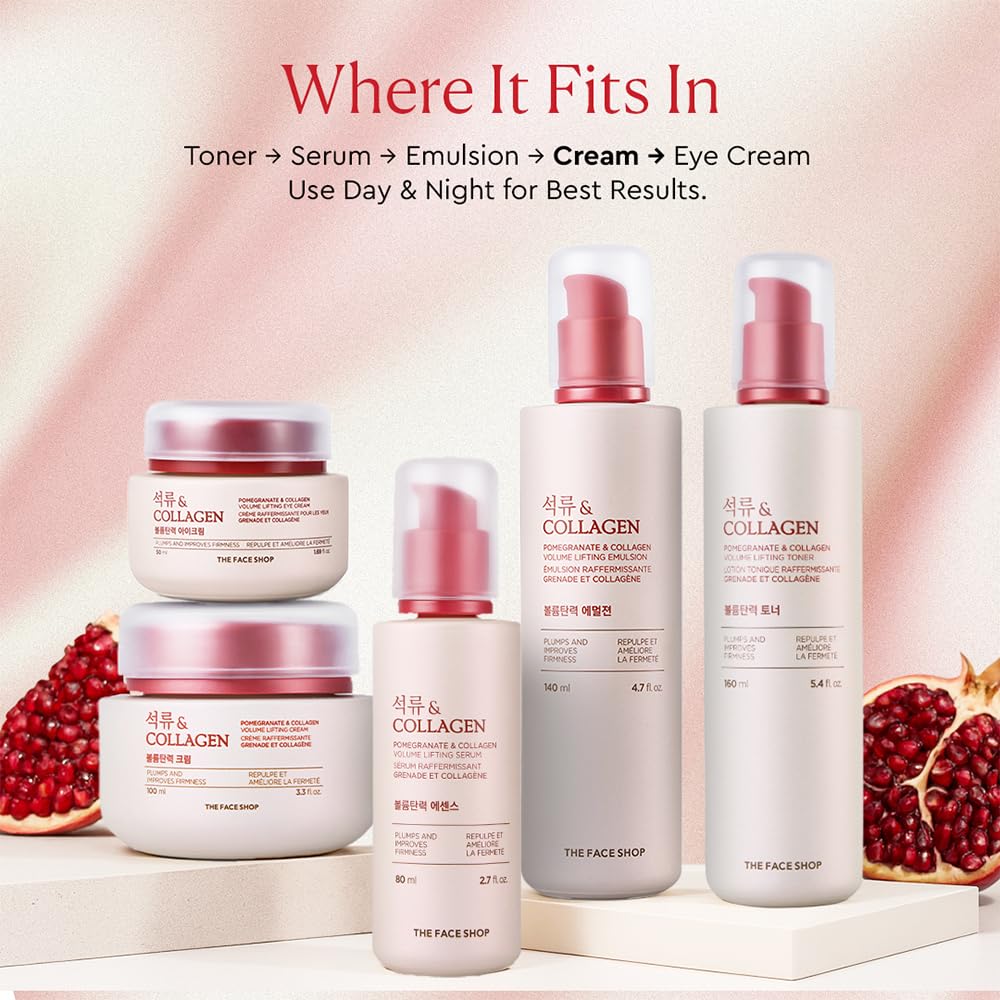 The Face Shop Pomegranate & Collagen Eye Cream skin-tone close-up suggests subtle brightness.