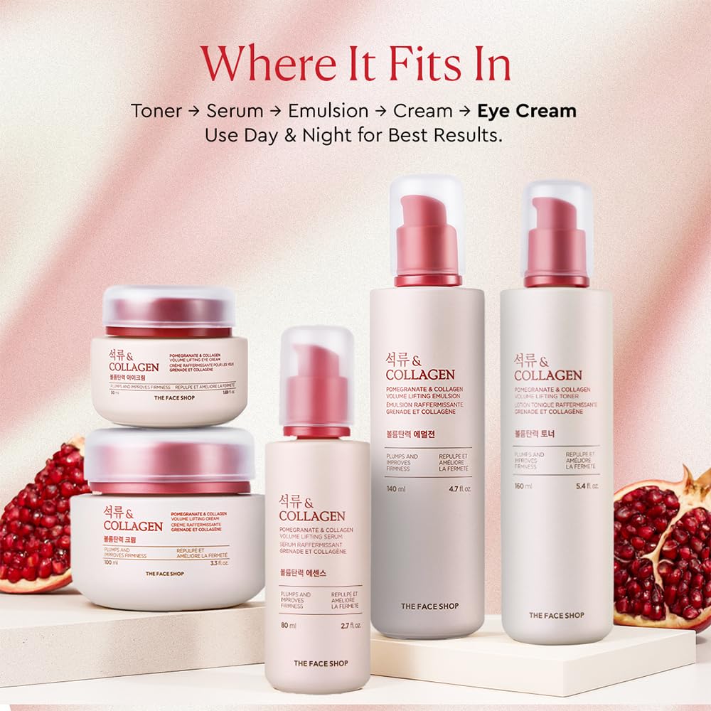 The Face Shop Pomegranate Collagen Eye Cream massage under-eye to boost absorption and comfort.