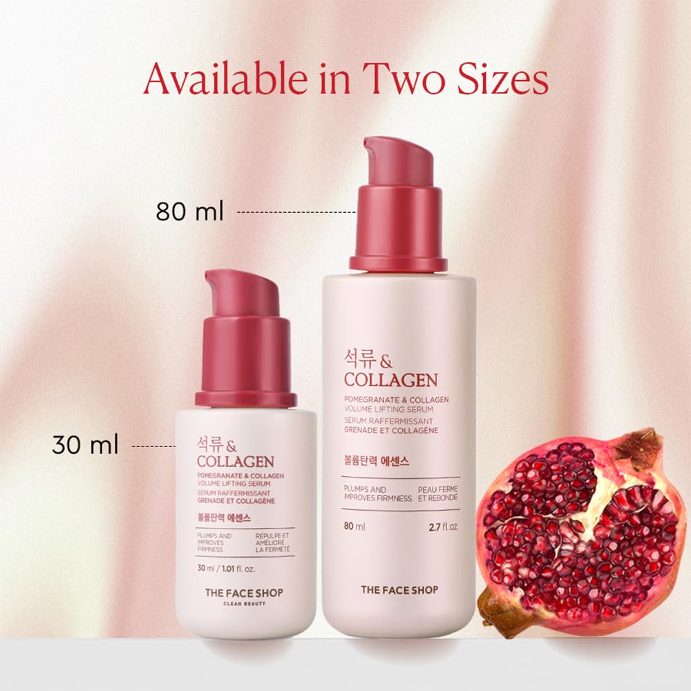 The Face Shop Pomegranate Collagen Serum side view bottle highlights compact luxury packaging