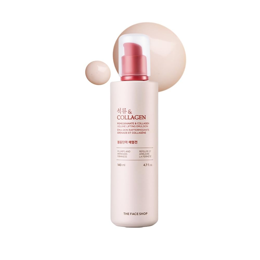 The Face Shop Pomegranate Collagen Emulsion bottle highlighting firming hydration.