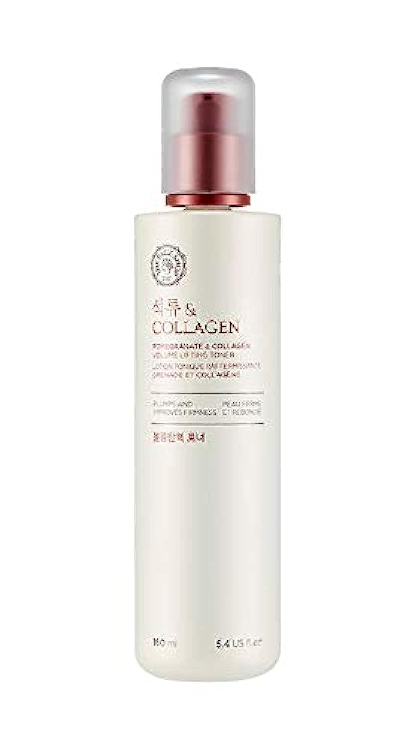 The Face Shop Pomegranate and Collagen Volume Lifting Toner bottle pour for firming and hydration.