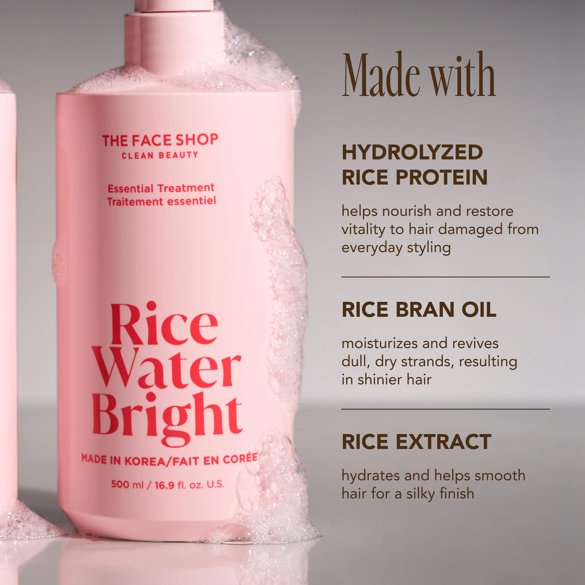 The Face Shop Rice Water Bright Conditioner bottle demonstrates moisture for manageability