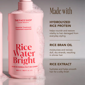 The Face Shop Rice Water Bright Conditioner bottle demonstrates moisture for manageability