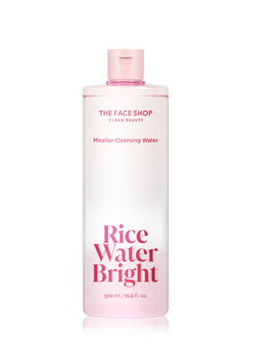The Face Shop Rice Water Bright micellar water bottle showing gentle makeup removal for sensitive skin.