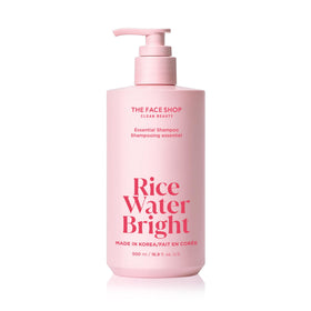 The Face Shop Rice Water Bright bottle front showing nourishing, sulfate-free shampoo for dry, dull hair.