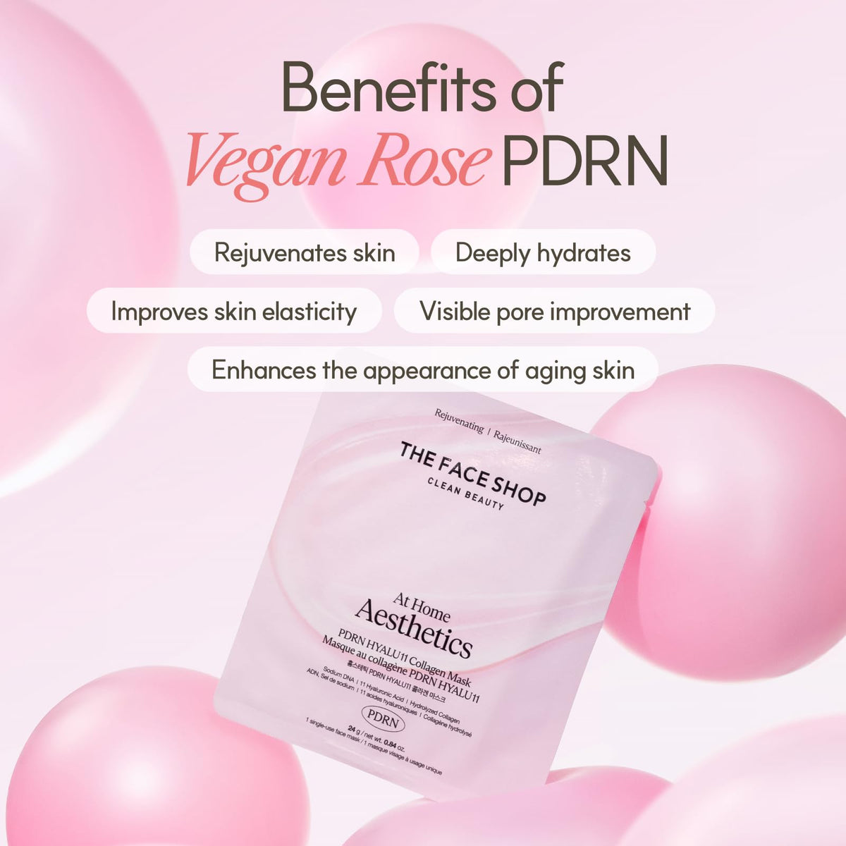 The Face Shop Rose PDRN Pink Collagen Mask application closeup with gentle serum absorption.