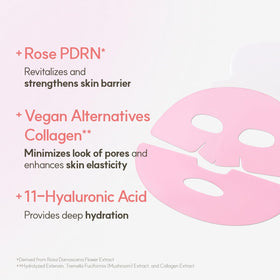 The Face Shop Rose PDRN Pink Collagen Mask hyaluronic acid blend supports moisture.