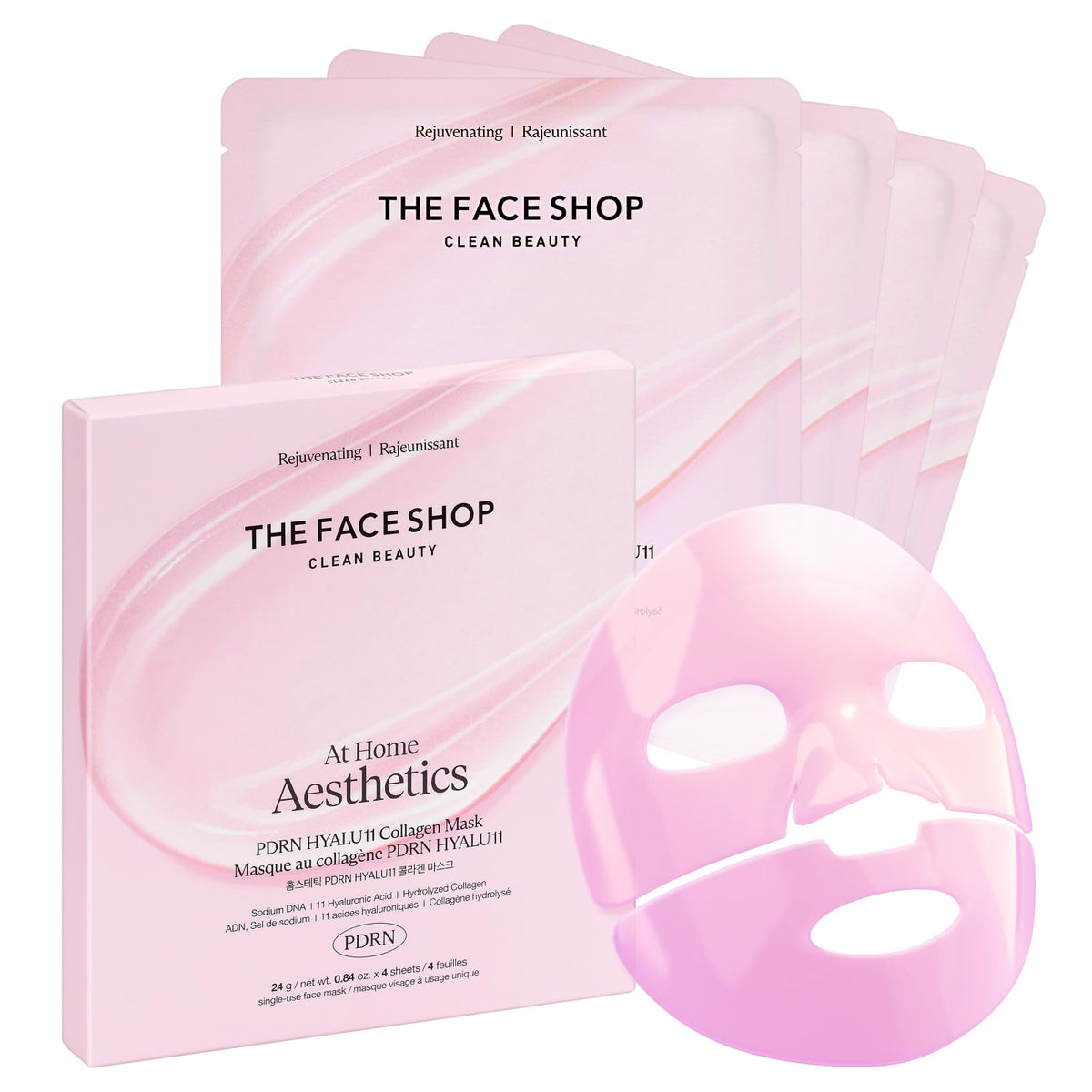 The Face Shop Rose PDRN Pink Collagen Mask pack shot suggests firmer, glowing skin.