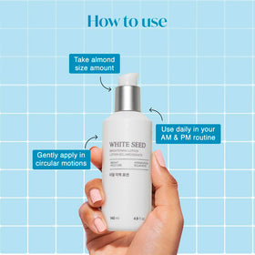 Application gesture of The Face Shop White Seed Brightening Lotion highlighting easy daily use
