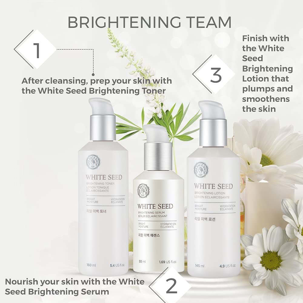 The Face Shop Whiteseed Brightening Serum application scene suggests step-by-step use