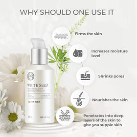 The Face Shop Whiteseed Brightening Serum lifestyle shot with a dewy complexion