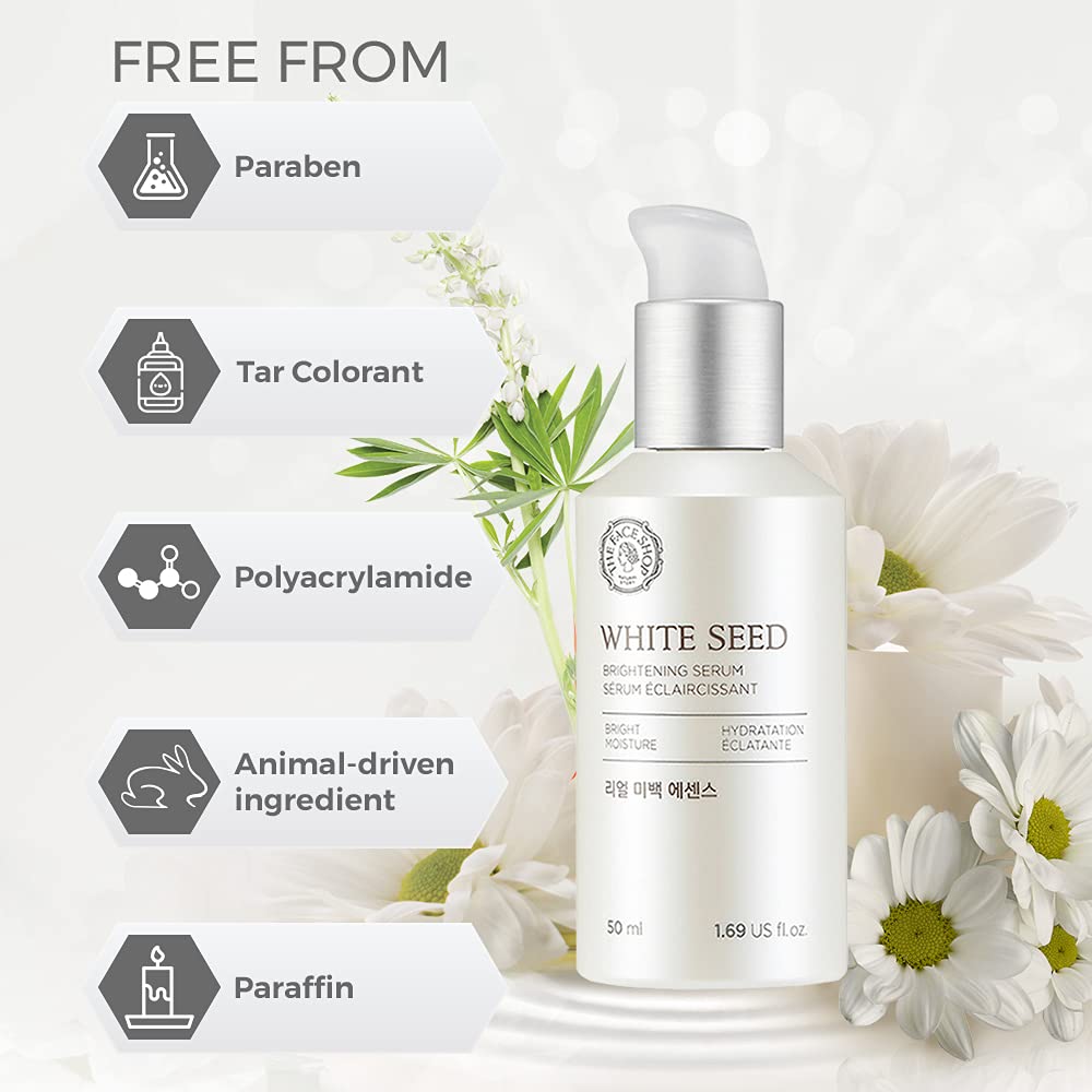 The Face Shop Whiteseed Brightening Serum packaging highlights its free-from parabens and mineral oils