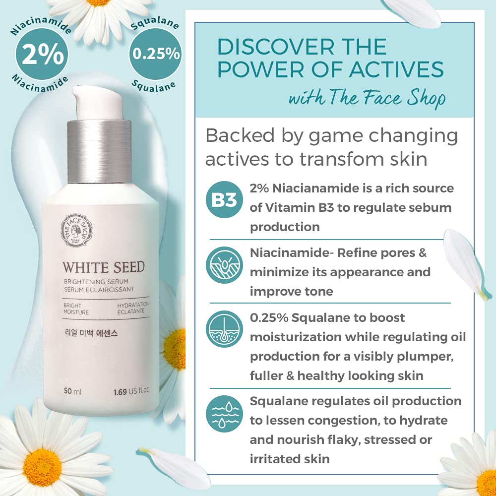 The Face Shop Whiteseed Brightening Serum texture close-up shows smooth, silky application