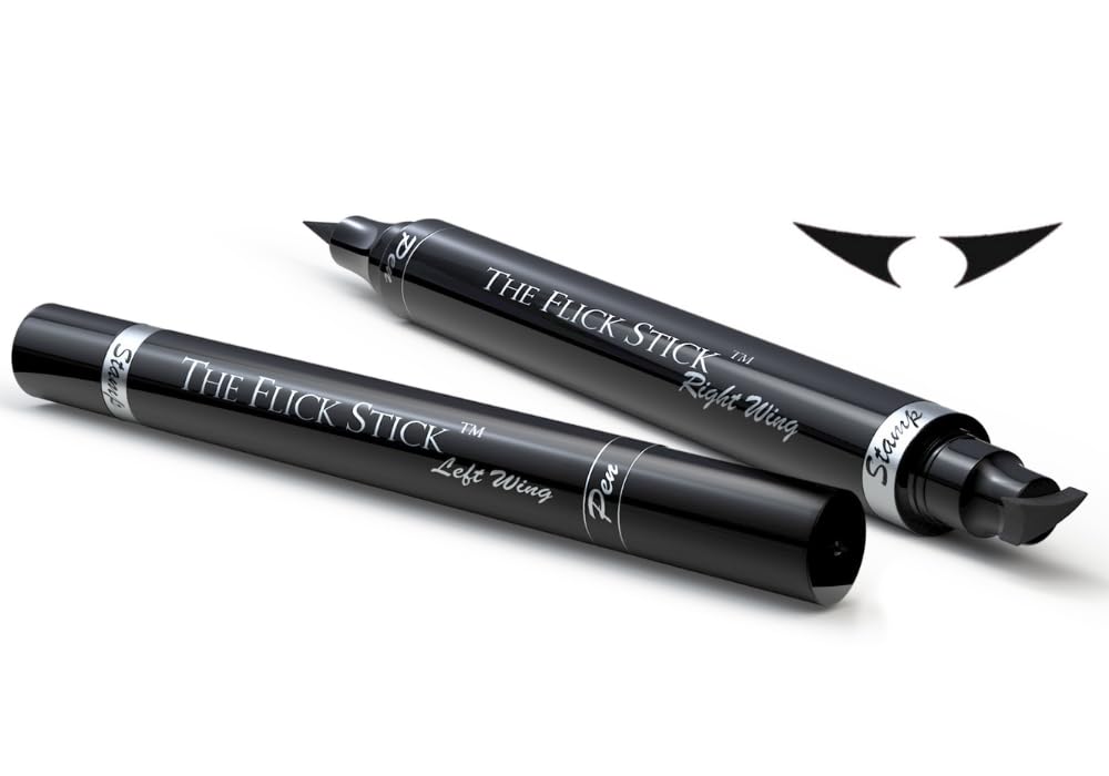 The Flick Stick winged eyeliner stamp in midnight black delivers precise wings for quick cat eyes.