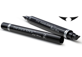 The Flick Stick winged eyeliner stamp in midnight black delivers precise wings for quick cat eyes.
