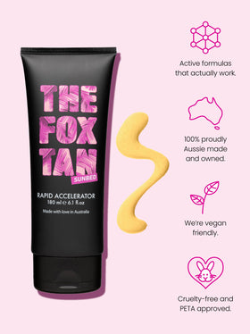 The Fox Tan Rapid Accelerator being applied on skin demonstrates even, smooth coverage.
