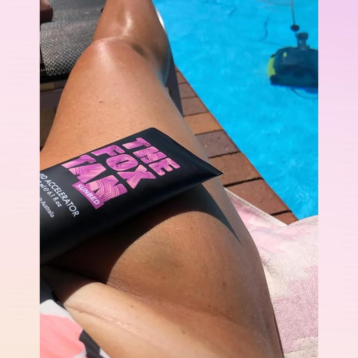 The Fox Tan Rapid Accelerator in use near a sunbed suggests quick prep for tanning sessions.