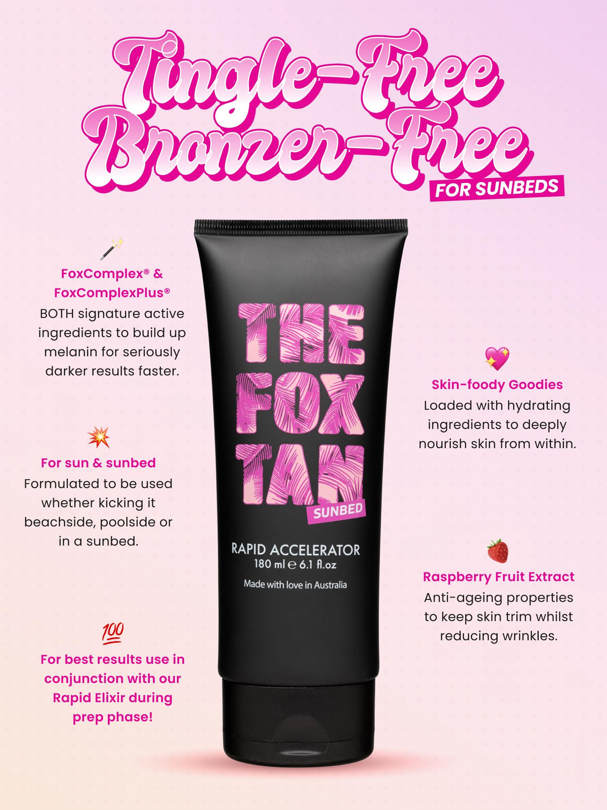 The Fox Tan Rapid Accelerator label close-up highlights vegan and cruelty-free branding.