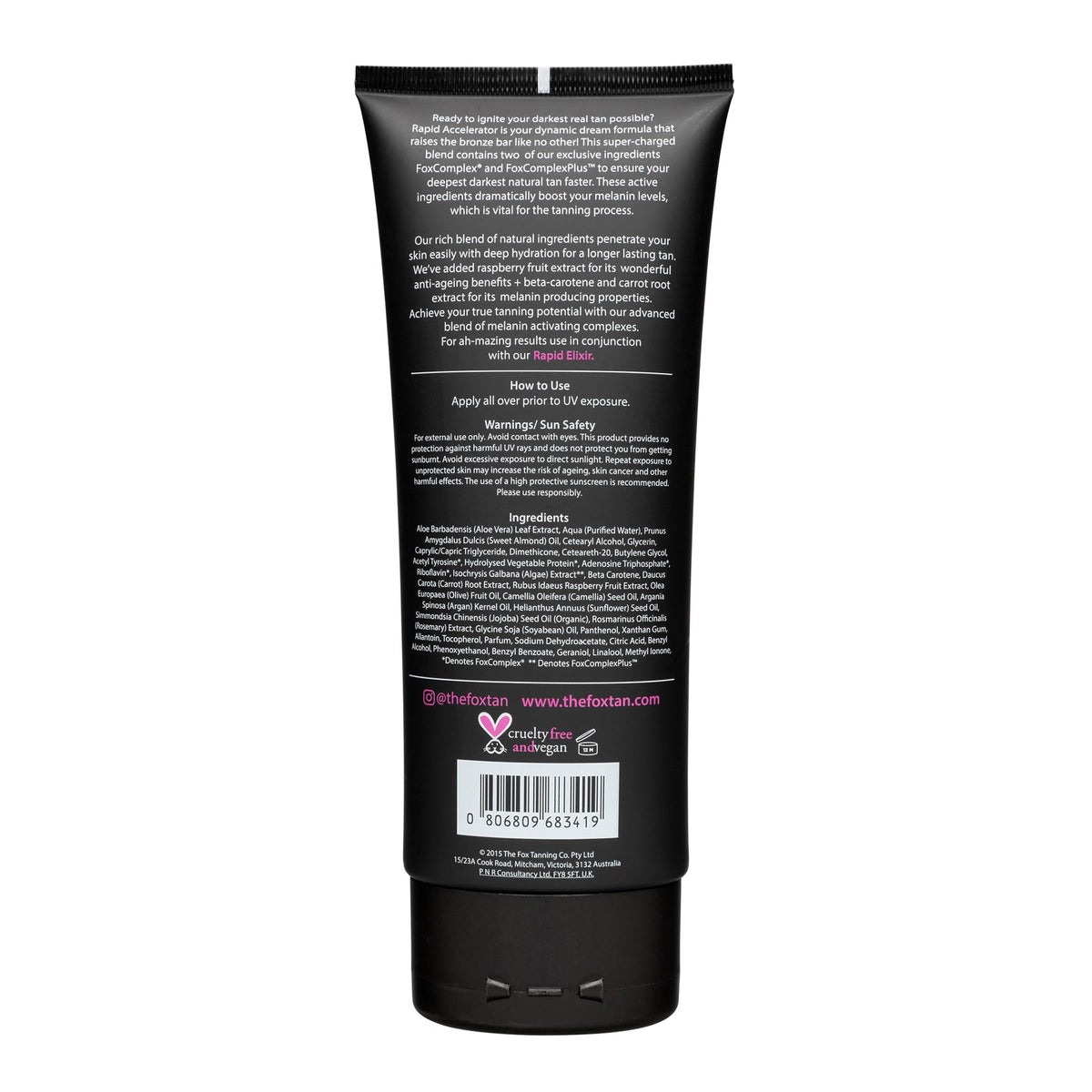 The Fox Tan Rapid Accelerator packaging on display emphasizes Australian-made vegan cruelty-free ethos.