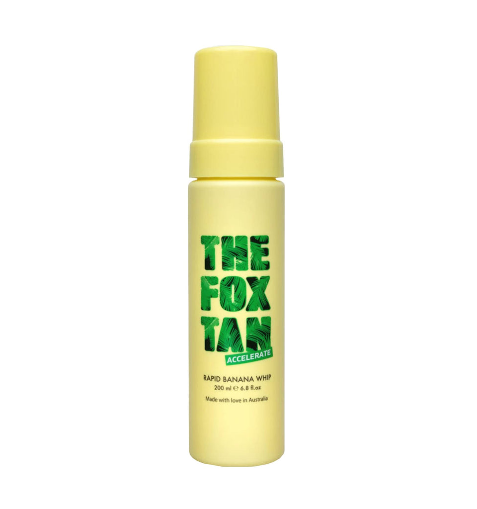 The Fox Tan Rapid Banana Whip bottle front shows tropical branding for faster tanning.