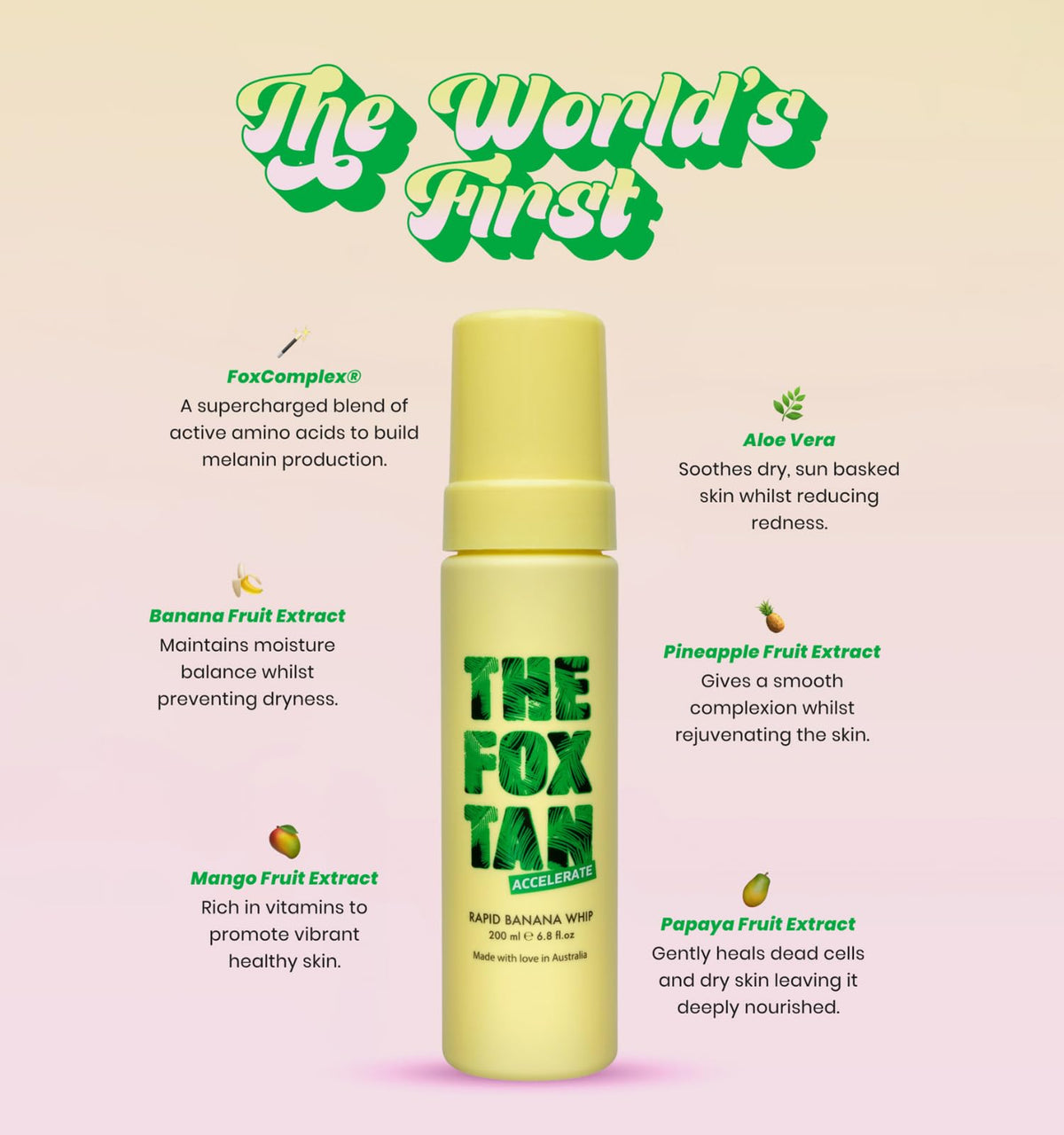 The Fox Tan Rapid Banana Whip bottle label highlights vegan, cruelty-free credentials.