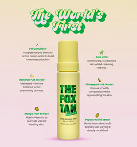 The Fox Tan Rapid Banana Whip bottle label highlights vegan, cruelty-free credentials.