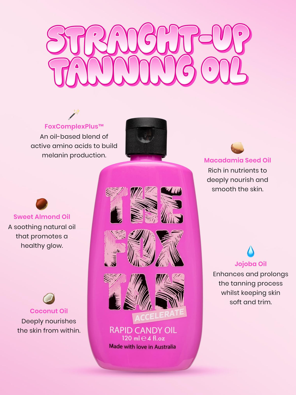 The Fox Tan Rapid Candy Oil texture close-up shows hydrating, silky skin.
