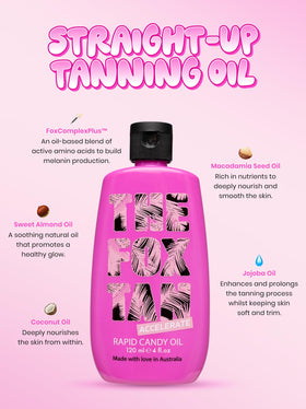 The Fox Tan Rapid Candy Oil texture close-up shows hydrating, silky skin.