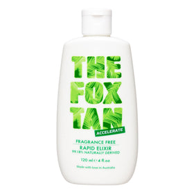 The Fox Tan Rapid Elixir bottle shown with fragrance-free formula for faster tanning.