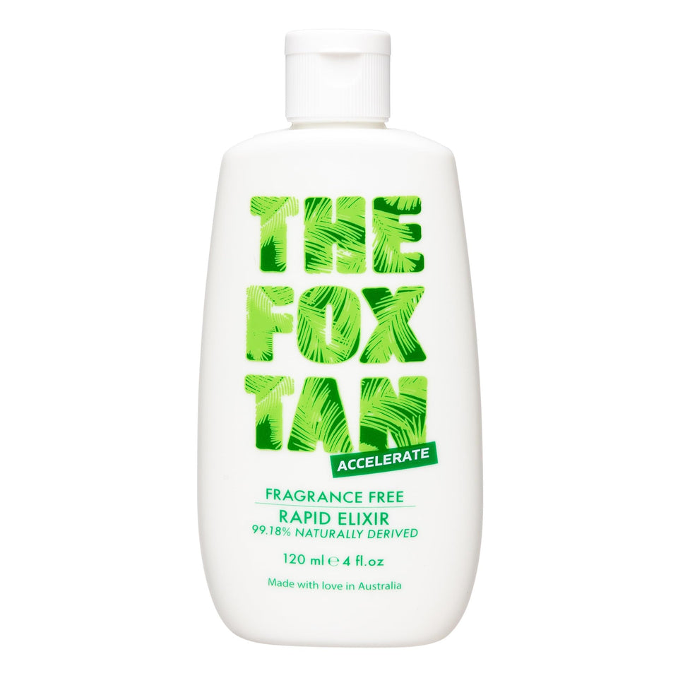 The Fox Tan Rapid Elixir bottle shown with fragrance-free formula for faster tanning.