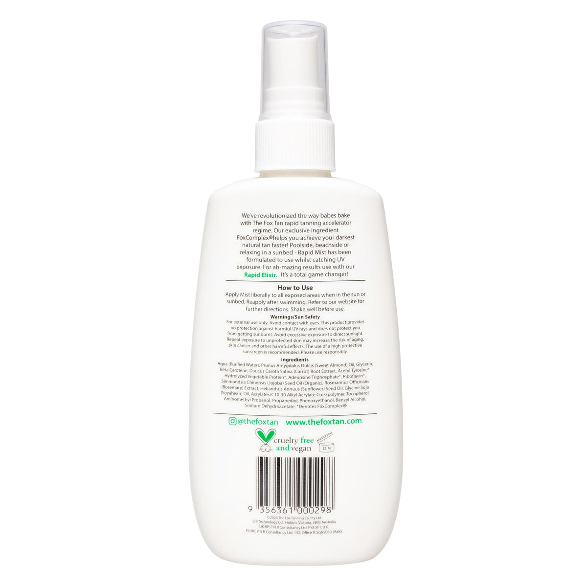 The Fox Tan Rapid Elixir label highlights Australian-made, vegan formulation.