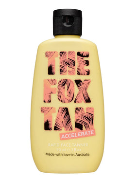 The Fox Tan Rapid Face Tanner bottle close-up highlighting a fast, deeper tan.