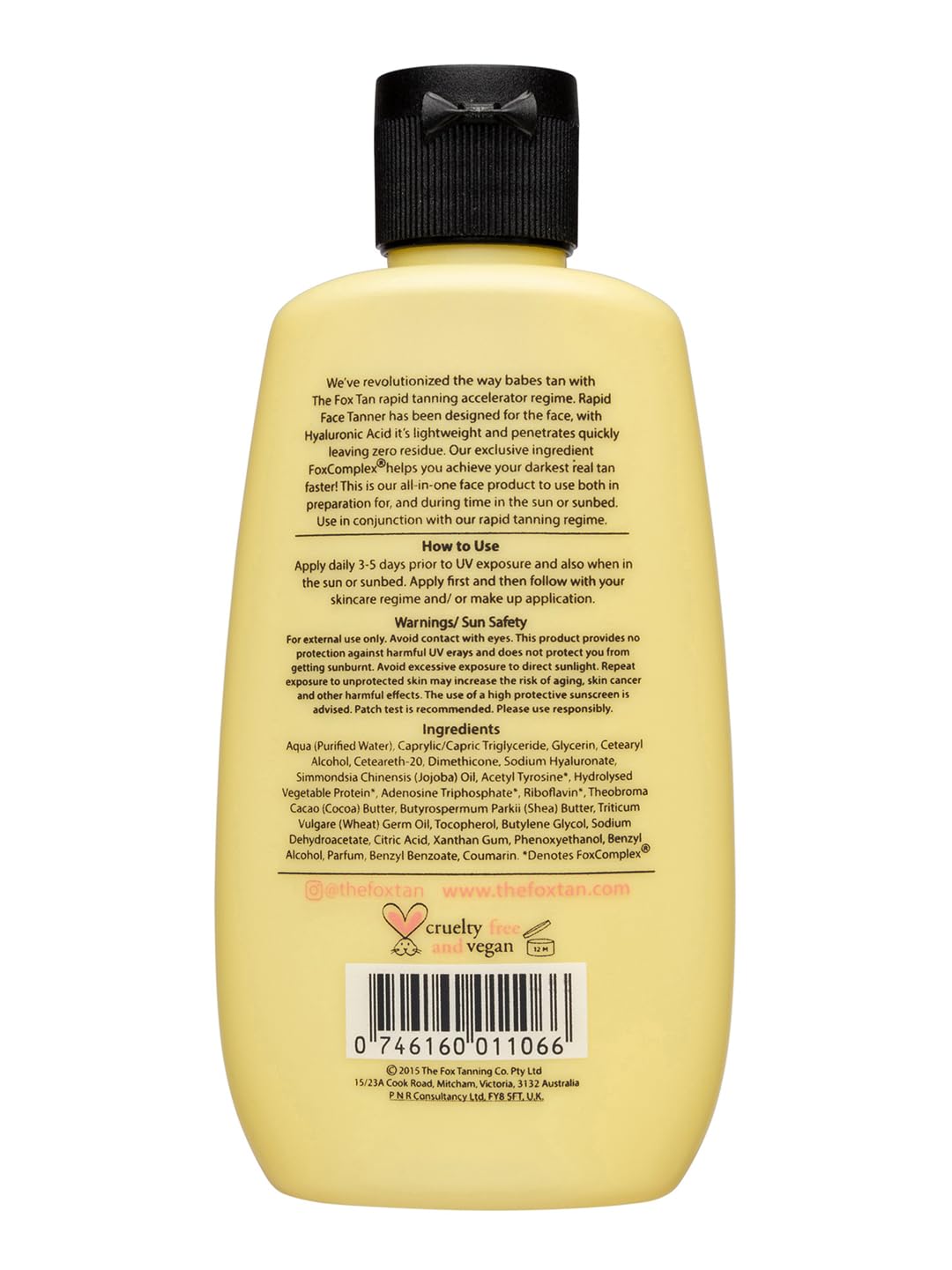 The Fox Tan Rapid Face Tanner features jojoba oil for balanced, hydrated application.