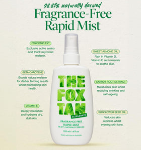 The Fox Tan Rapid Mist spray-action highlights easy, even application for faster color.