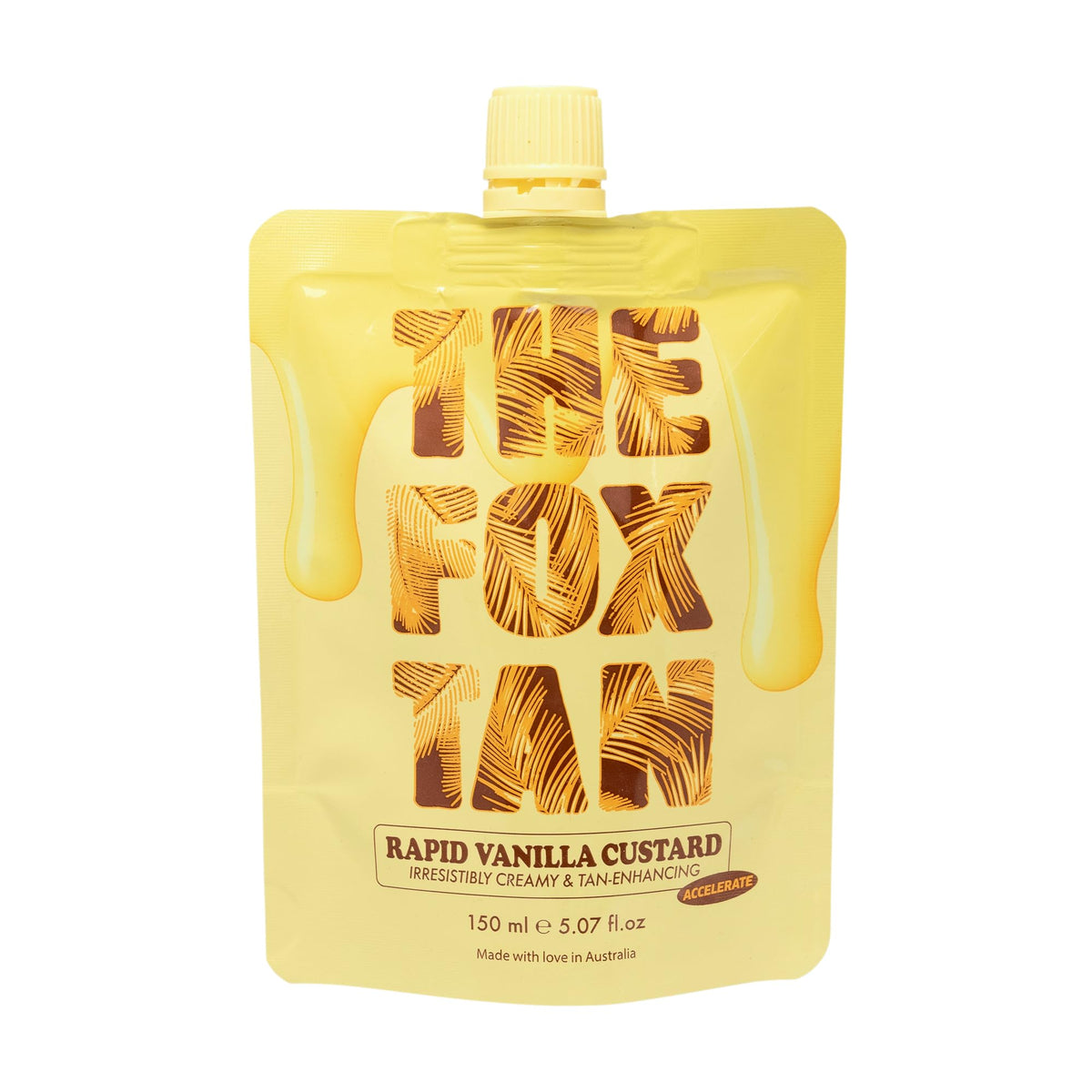 The Fox Tan Rapid Vanilla Custard bottle shows a creamy texture for a smooth tan prep.