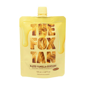 The Fox Tan Rapid Vanilla Custard bottle shows a creamy texture for a smooth tan prep.