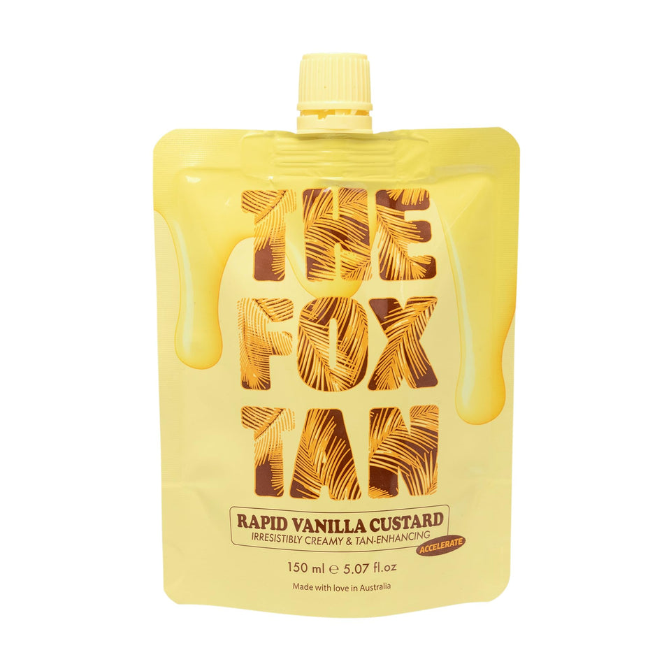 The Fox Tan Rapid Vanilla Custard bottle shows a creamy texture for a smooth tan prep.